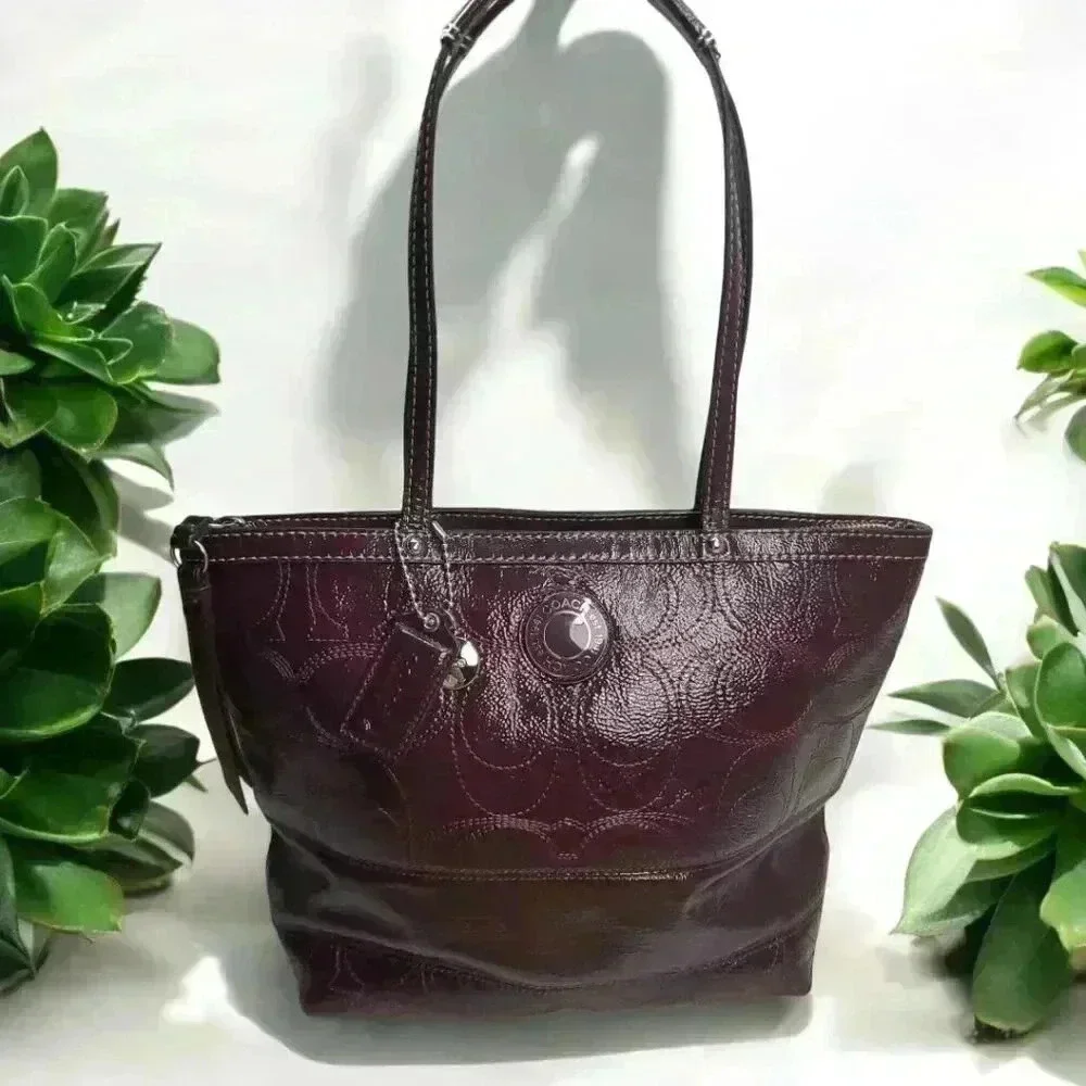 COACH Plum/ Burgundy Signature Patent Leather Tote - Picture 7 of 12
